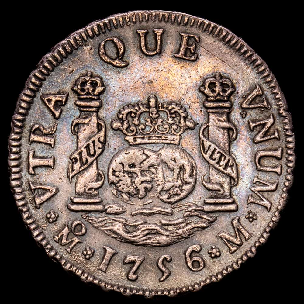 Fernando VI (1746-1759). 2 reales. 1756. México. M. (Cal-299). Ag. 6,72 gramos. EBC-/MBC+. Suave pátina azulada.