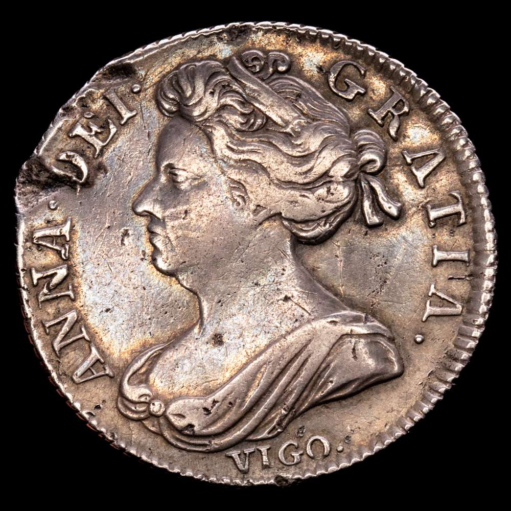 Gran Bretaña. Anna. 1 shilling. 1702. VIGO. (Km-518.2). (S-3585). Ag. 5,91 g. Defecto de acuñación. (MBC+).