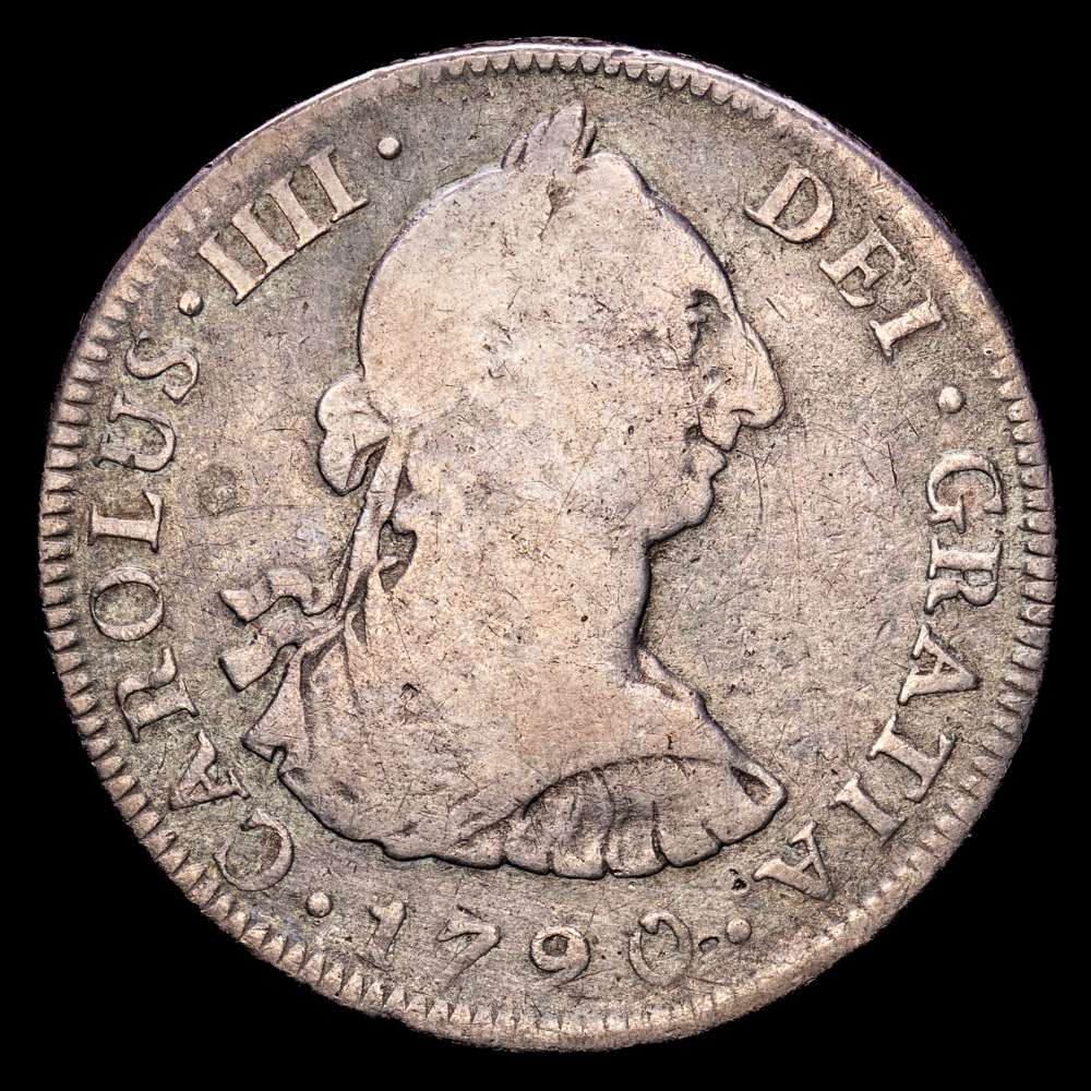 Carlos IV (1788-1808). 4 reales. 1790. México. FM. (Cal-795). Ag. 13,05 gramos. Busto de Carlos III y ordinal del rey IIII. . Muy escaso. BC+.