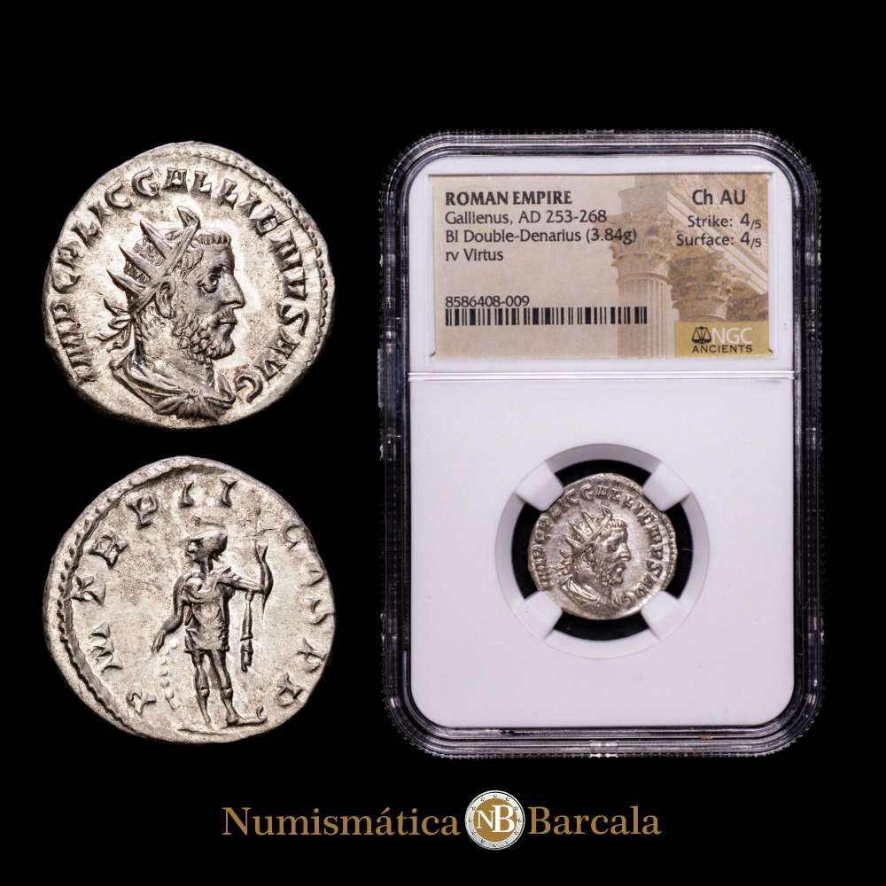 Galieno. Antoniniano.  Roma. 253-268 d.C.. (Plata, 3,84 g). MIR 38t. RIC 181. Bello ejemplar con un retrato excepcionalmente fino. Encapsulada por NGC como Ch AU Strike 4/5 Surface 4/5.