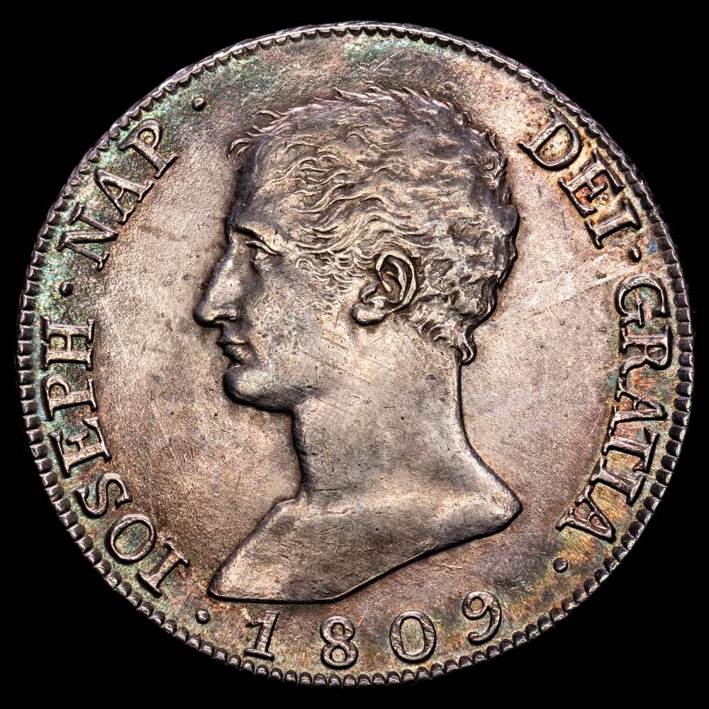 José Napoleón (1808-1814). 20 reales. 1809. Madrid. AI. (Cal-36). Ag. 27,08 gramos. Águila grande. Bonita pátina irisada. EBC.