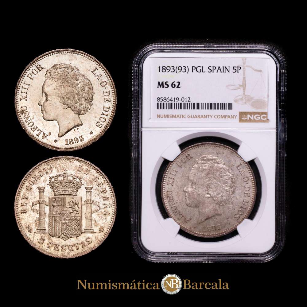 Alfonso XIII (1886-1931). 5 pesetas. 1893*18-93. Madrid. PGL. (AC-102). Ag. 24,99 g. Gran brillo original. Encapsulada por NGC como MS 62.