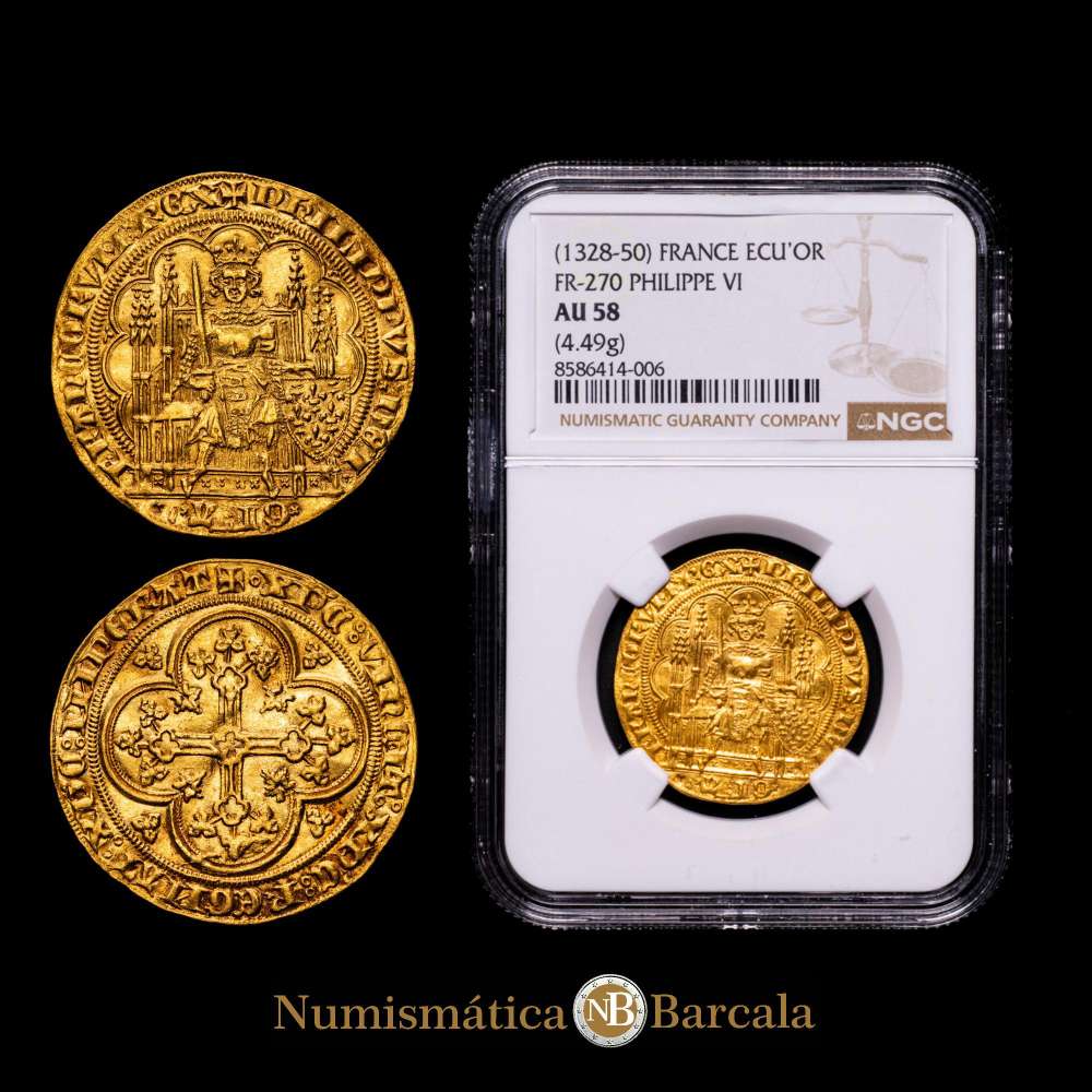 Francia. Felipe VI de Valois (1328-1350). 1 écu d’or.(4,49 g). Friedberg 270. Encapsulado por NGC como AU 58. Bella. Gran parte de brillo original, muy buena acuñación, escasa así.