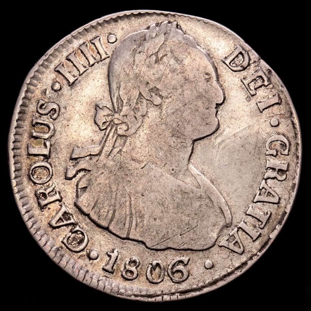 Carlos IV (1788-1808). 2 reales. 1806/5. Santiago. FJ. (Cal-709). Ag. 6,41 gramos. Tono. MBC-.