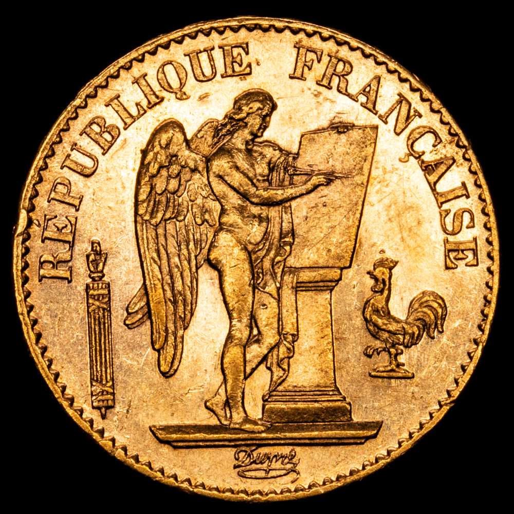 Francia. III República. 20 francos. 1875. París. R. (Km-825). (Gad-1063).  Au. 6,45 gramos. Parte del brillo original. EBC.