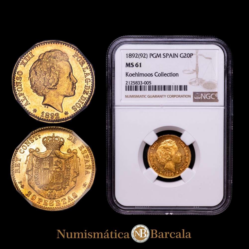 Centenario de la Peseta (1868-1931). Alfonso XIII (1886-1931). 20 pesetas. 1892*18-92. Madrid. PGM. (Cal-115). Au. Brillo original. Rara. Encapsulada por NGC como MS 61.