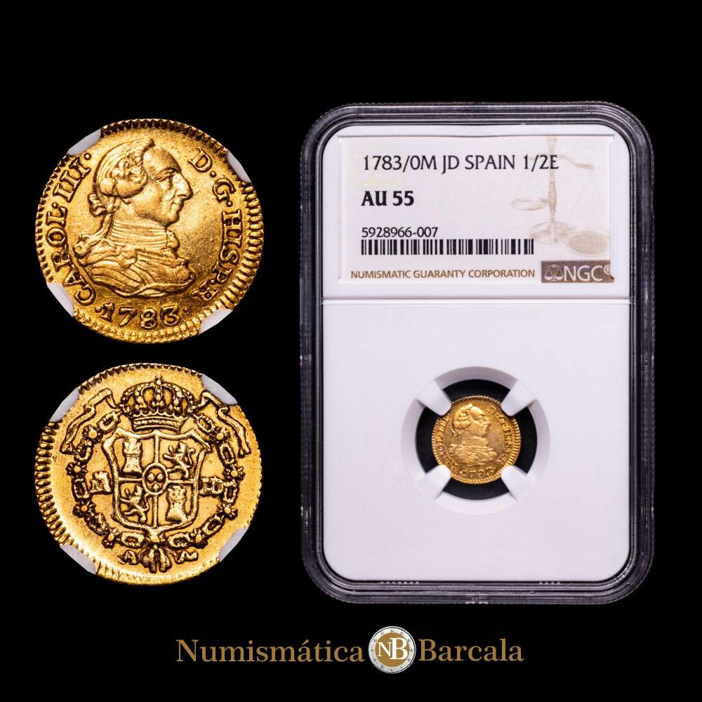 Carlos III (1759-1788). 1/2 escudo. 1783/0. Madrid. J.D. (Cal-1272). Au. 1,81 gramos. Clara sobrefecha. Encapsulado por NGC como AU 55.
