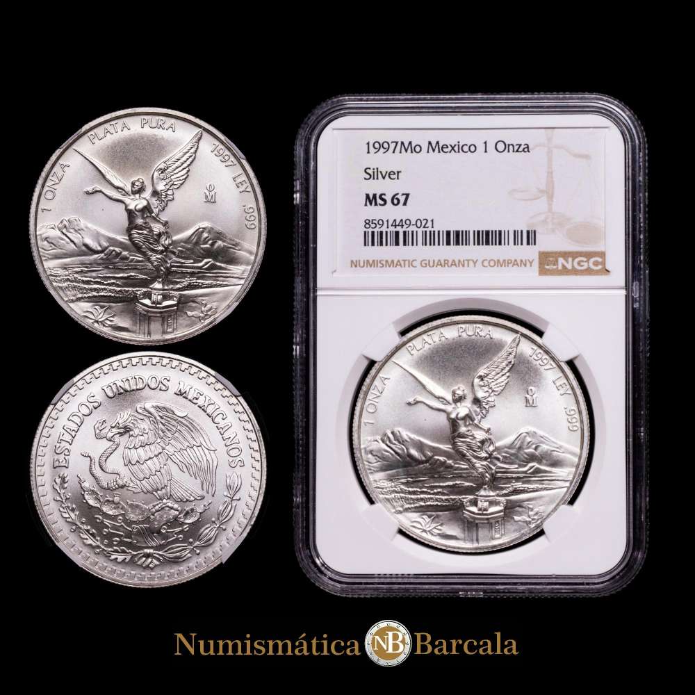 Moneda de plata Onza 1997-Mo de México. Encapsulada por NGC como MS67 , Casa de la Moneda de la Ciudad de México, KM613. Tirada: 100 000.