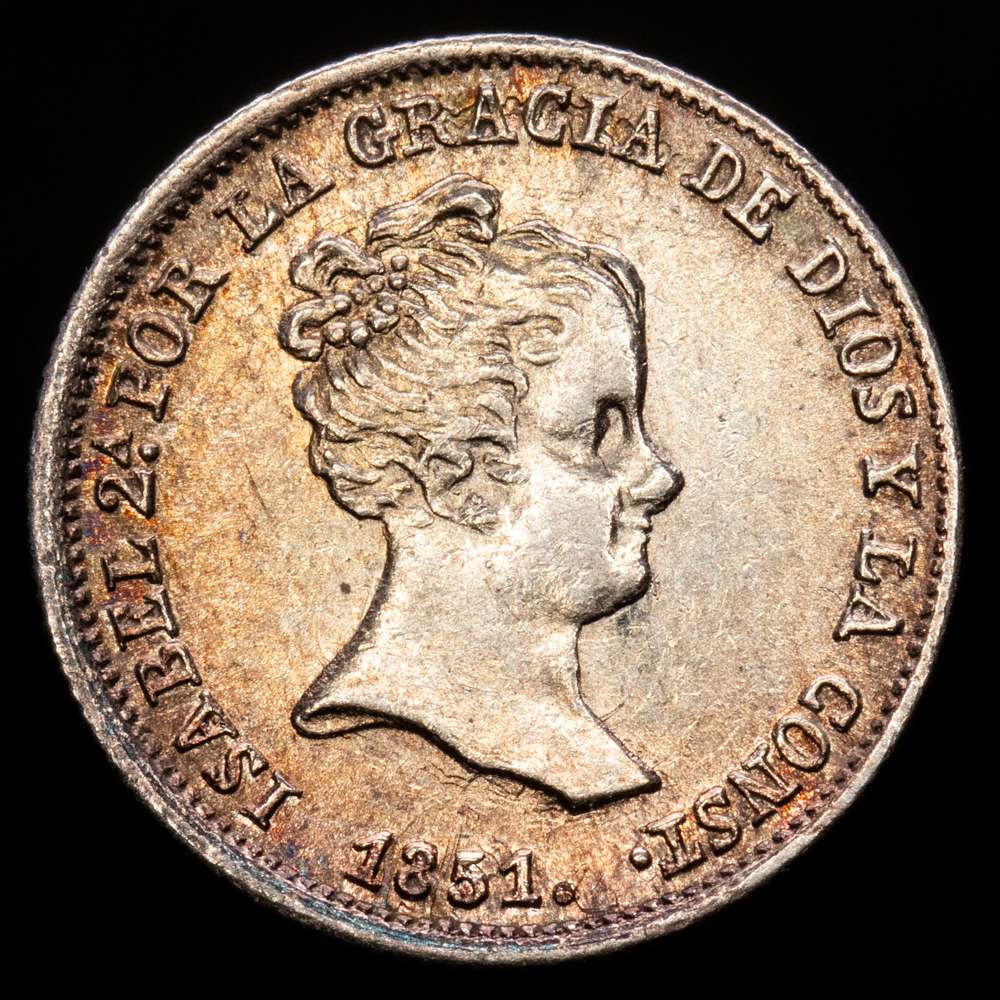 Isabel II (1833-1868). 1 real. 1851. Sevilla. RD. (Cal-319). Ag. 1,26 g. Tono. Restos de brillo original. EBC.
