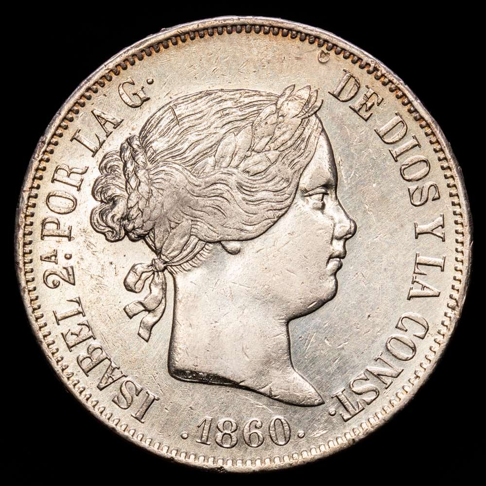 Isabel II (1833-1868). 20 reales. 1860. Madrid. (Cal-617). Ag. 25,76 gramos. Restos de brillo original. EBC-/EBC.