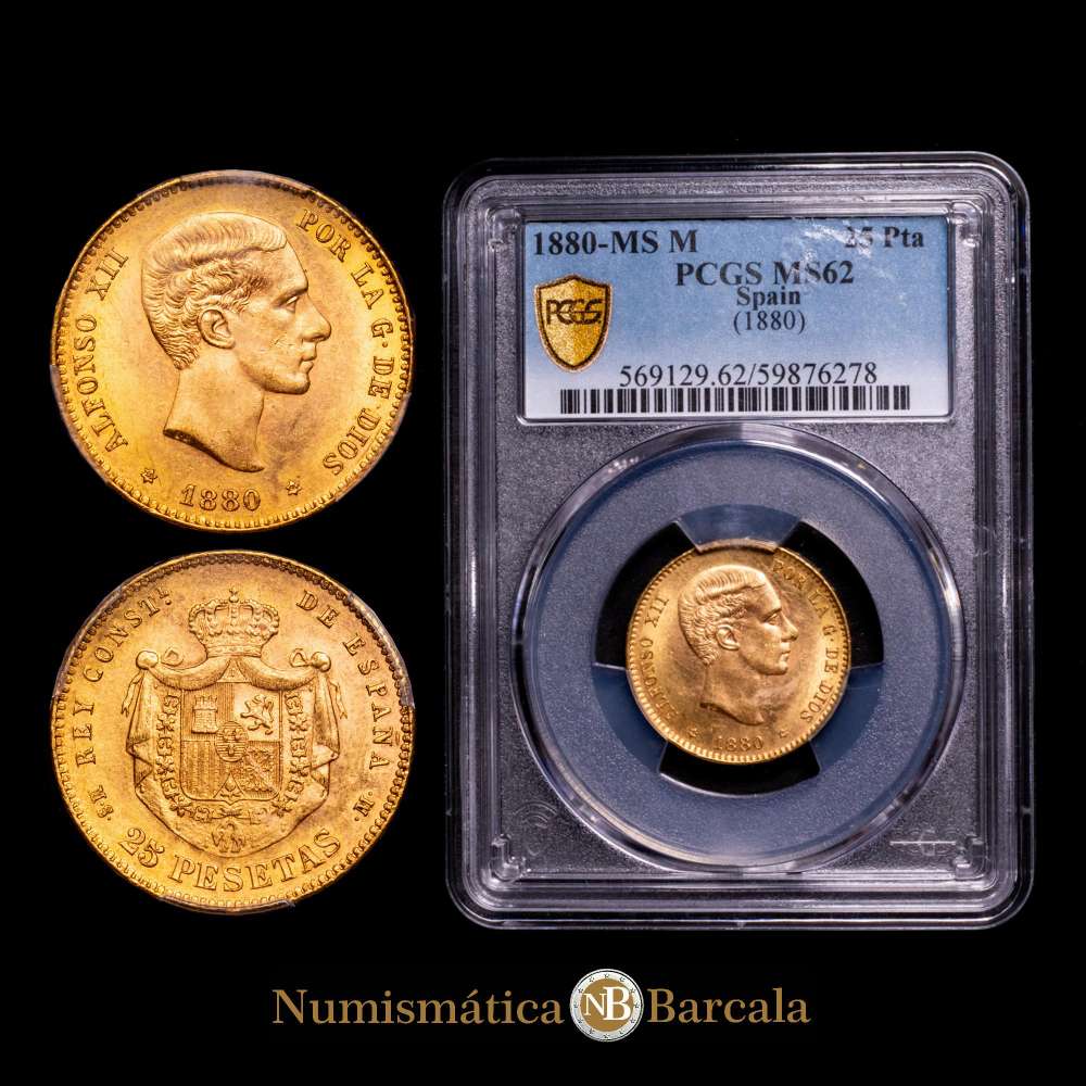 Centenario de la Peseta (1868-1931). Alfonso XII (1874-1885). 25 pesetas. 1880*18-80. Madrid. MSM. (Cal-79). Au. 8,08 gramos. Brillo original. Muy bella. Encapsulada por PCGS como MS 62.