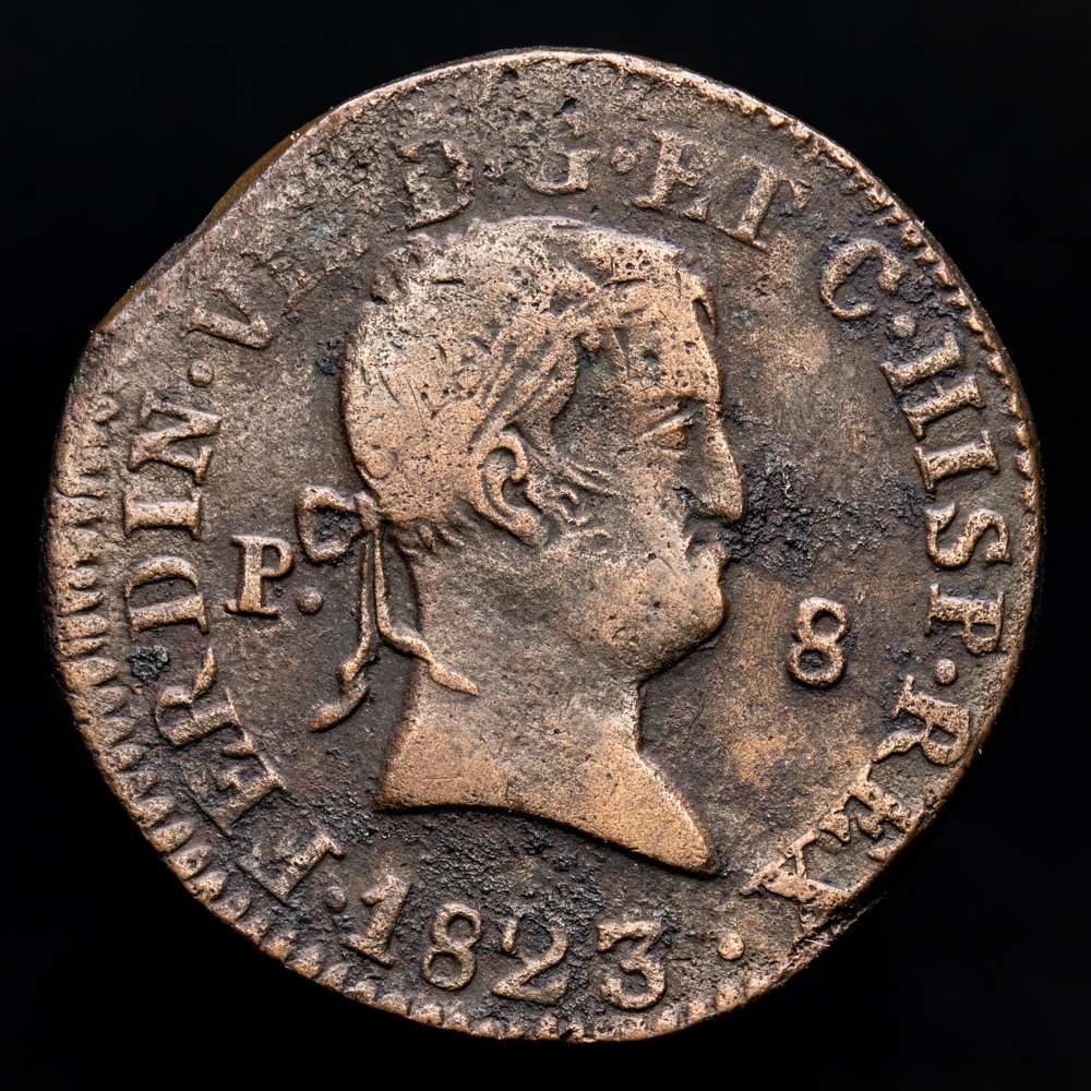 Fernando VII (1808-1833). 8 maravedís. 1823. Pamplona. (Cal-211). (Ros-4.11.1). Ae. 10,44 gramos. Busto laureado. Buen ejemplar para esta serie. Cobre fundido. Muy escasa así. MBC+.