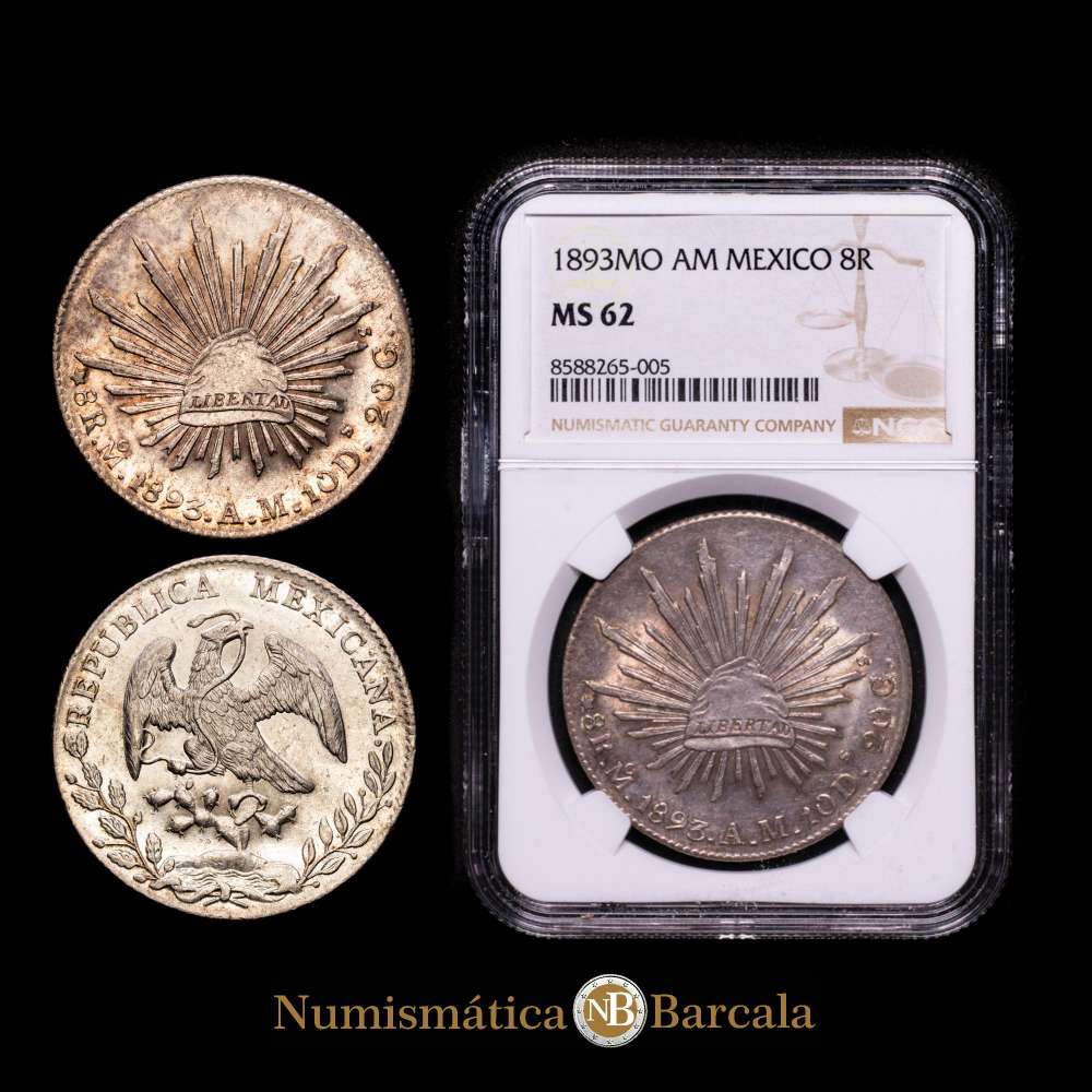 MÉXICO. 8 Reales, 1893-Mo AM. Ceca de México. (KM-377.10; DP-Mo79.). Ag. Encapsulado por NGC como MS 62.