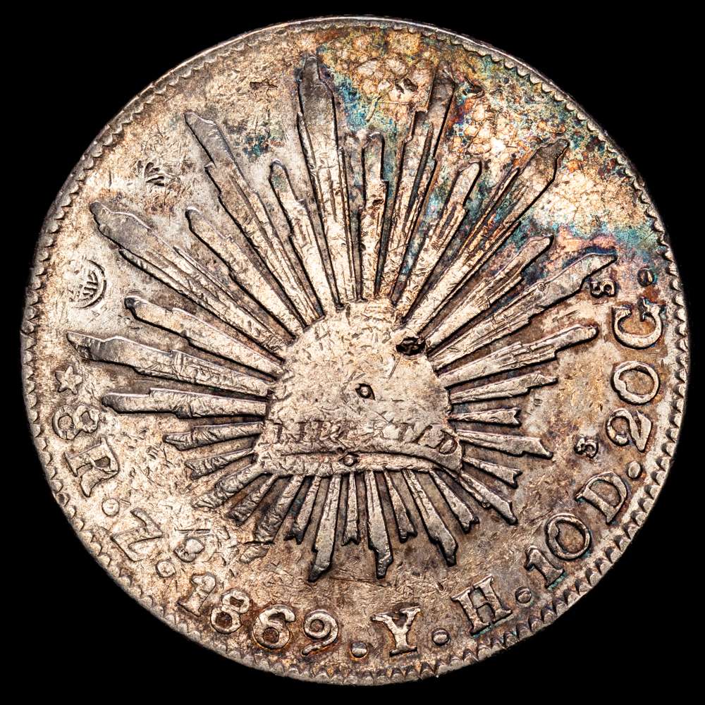 República de México. 8 Reales. (26,92 g.). Zacatecas. 1869. Y·H. KM-377. Resellos orientales. VF.