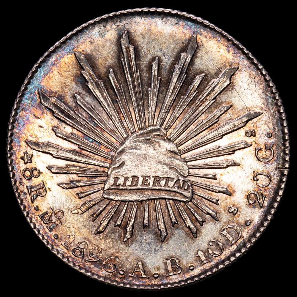 México. 8 reales. 1896. México. AB. (Km-377,10). Ag. 27,16 gramos. Gran parte de brillo original. EBC. Bella pátina.