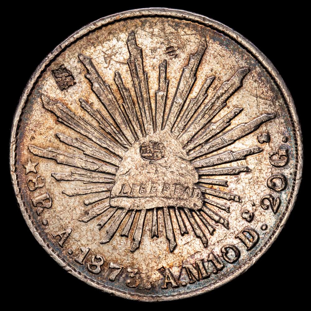República de México. 8 Reales. (26,48 g.). Álamos. 1873. A·M. KM-377. Resellos orientales. VF.