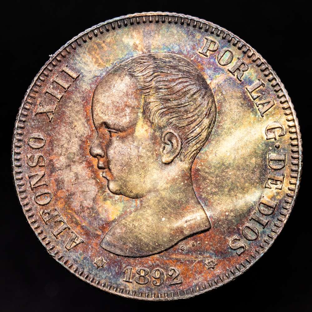 Alfonso XIII. 2 Pesetas. (10,06 g.). Madrid. 1892 *18-92. PG·M. CAL-85. Bella pátina irisada. EBC+. Escasa así.