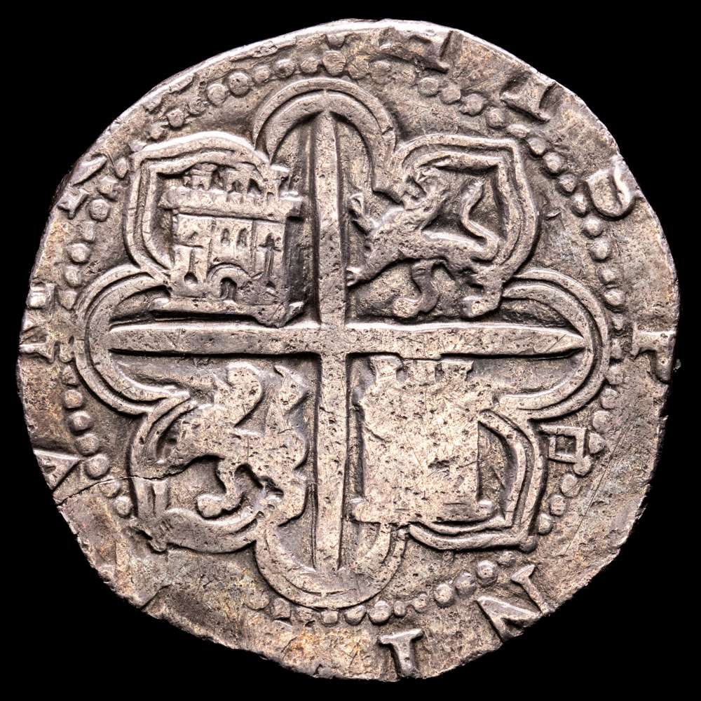 Felipe II (1556-1598). 4 reales. ND (ca. 1588). Sevilla. (Cal-576). Ag. 13,54 g. Ensayador d cuadrada en reverso.  Bonita pátina de monetario. XF.