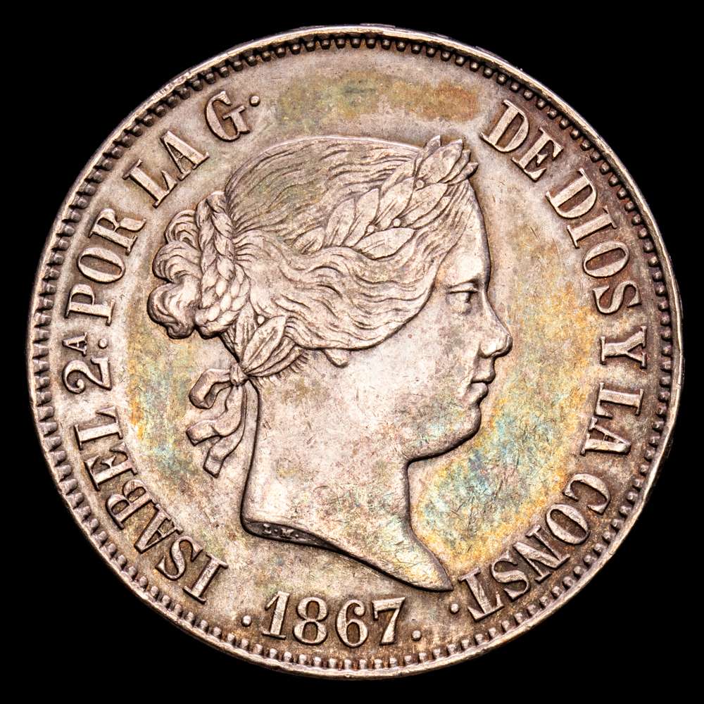 Isabel II (1833-1868). 1 escudo. 1867. Madrid. (Cal-565). Ag. 13,01 g. Suave y atractivo tono iridiscente. EBC.