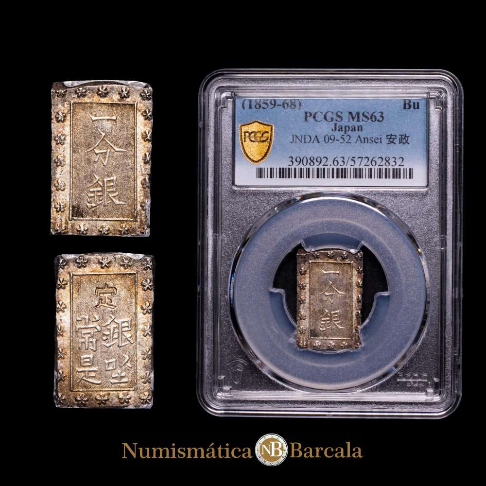 Japón Dominios feudales japoneses 1859 – 1868 1 Bu Gin (Ansei) Plata (.873) 8.62g. Encapsulado por  PCGS como MS 63.  C 16a JNDA 09-52.