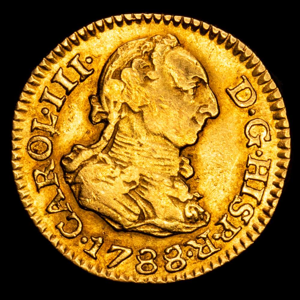 Carlos III (1759-1788). 1/2 escudo. 1788/6. Sevilla. C. (Cal-1317). Au. 1,73 gramos. Sobrefecha. MBC-/MBC.