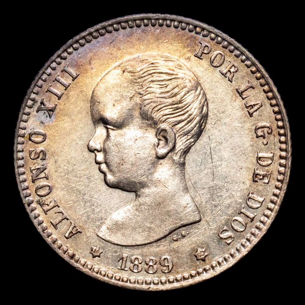 Alfonso XIII (1886-1931). 1 peseta. 1889*18-89. Madrid. MPM. (Cal-52). Ag. 5,01 gramos. Suave pátiina. EBC-. Rara.