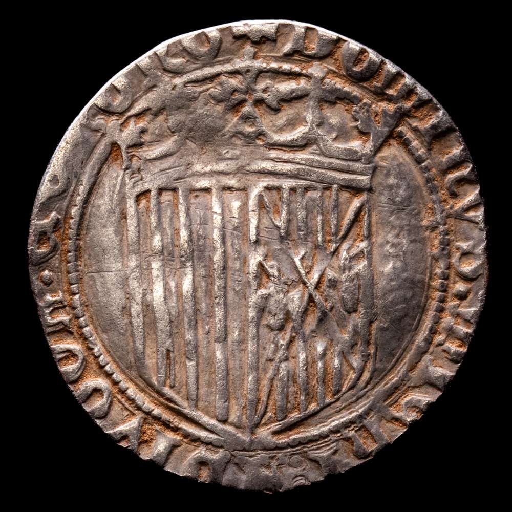 Fernando e Isabel (1474-1504). 1 real. Toledo. (Cal-449). (Bautista-2457). Ag. 2,51 g. Anterior a la Pragmática. T debajo del escudo de anverso. Rara. MBC.