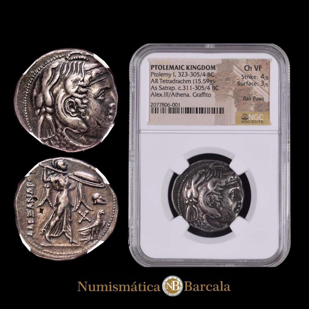 EGIPTO PTOLEMAICO. Ptolomeo I Sóter, 323-283 a. C. Tetradracma de AR (15,59 g), Ceca de Alejandría, como sátrapa ca. 311-305/4 a. C. Tonificado, NGC Ch VF, Acuñación: 4/5 Superficie: 3/5.