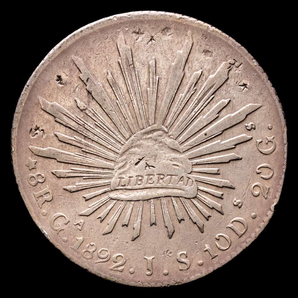 México. 8 reales. 1892. Guadalajara. JS. (Km-377,6). Ag. 26,72 gramos. VF.