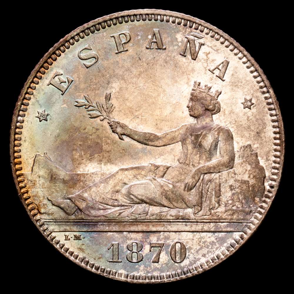 Gobierno Provisional (1868-1871). 2 pesetas. 1870*18-74. Madrid. DEM. (Cal-31). Ag. 10,02 gramos. Atractivo ejemplar. Escasa en esta conservación. EBC+.