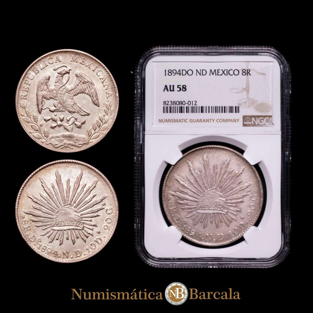 Moneda de 8 Reales de la República de México , 1894, Do-ND , ceca de Durango, KM377.4, DP-Do85. Encapsulada por NGC como AU58.
