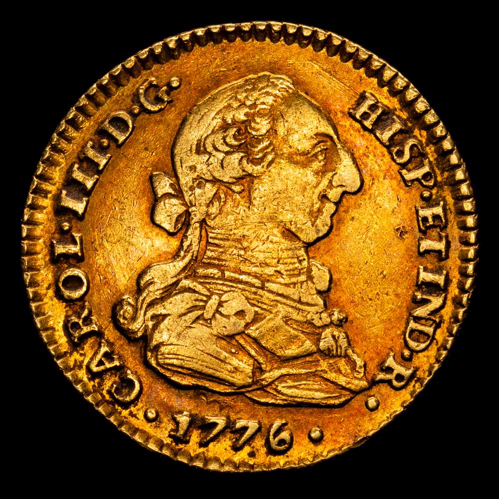 Carlos III (1759-1788). 2 escudos. 1776. Sevilla. CF. (Cal-1730). Au. 6,67 gramos. Bonito color rojizo. Buen ejemplar. MBC+.