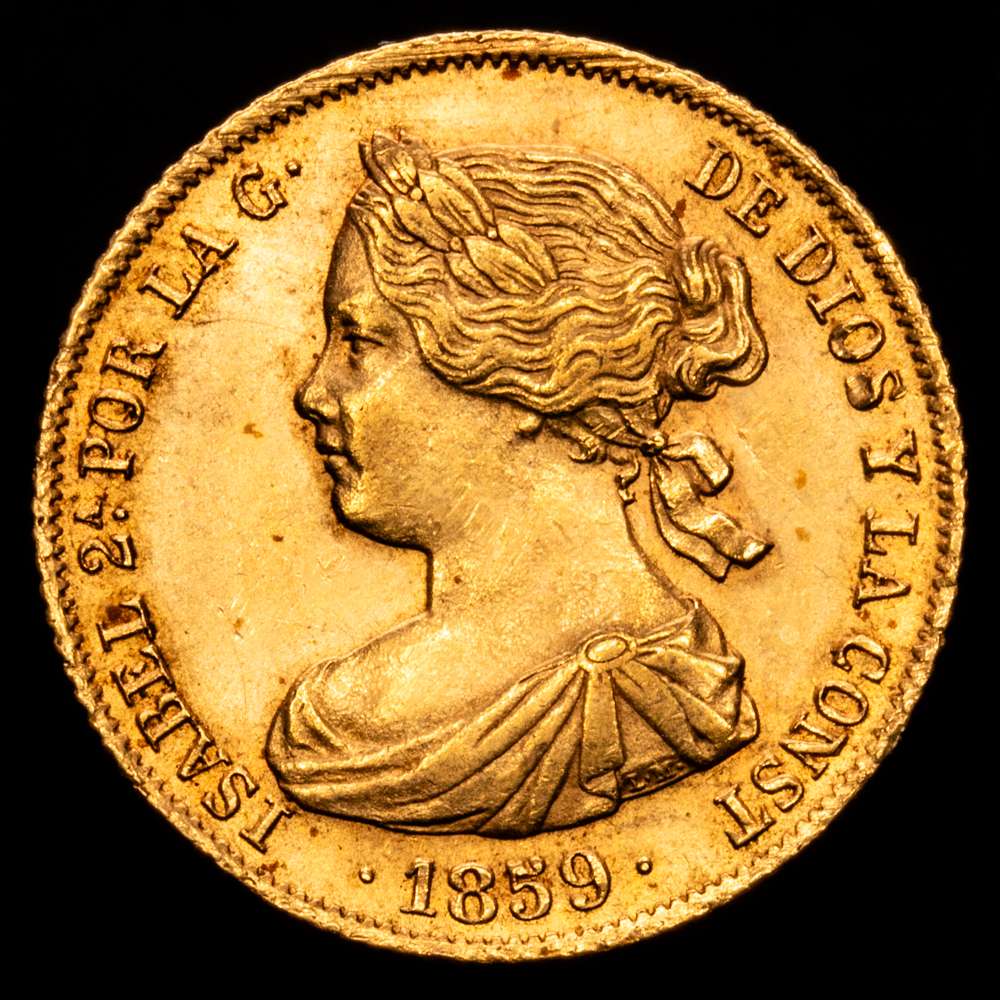 Isabel II (1833-1868). 100 reales. 1859. Barcelona. (Cal-770). Au. 8,38 gramos. Leves marquitas. Bonito color. EBC.