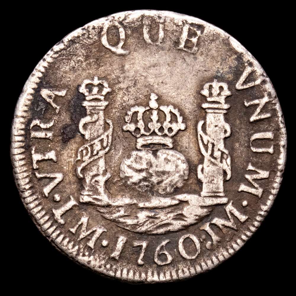 Fernando VI (1746 – 1759). 1760/50 JM. Lima. 1 real. Columnario. (CA 165). 3,12 gr. VF. Escasa.