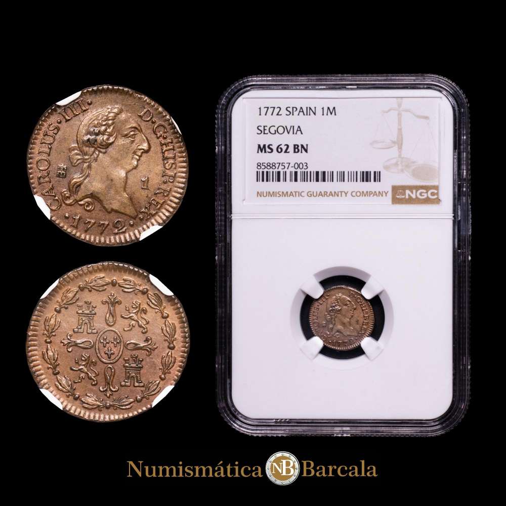 Carlos III (1759-1788). 1 maravedí. 1772. Segovia. (Cal-28). Ae. Precioso color. Rara en esta conservación. Encapsulada por NGC como MS 62 BN.