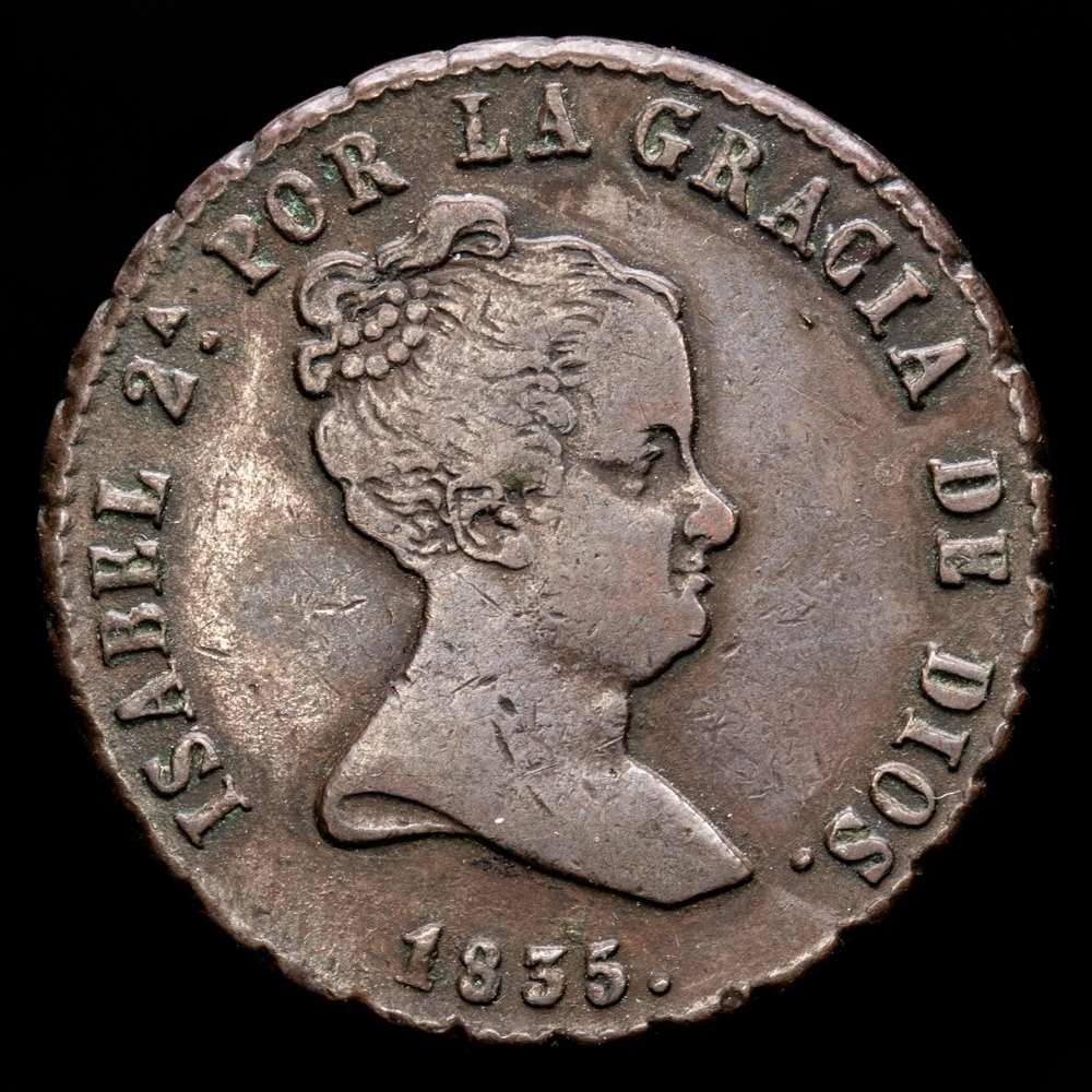 Isabel II (1833-1868). 8 maravedís. 1835. Segovia. (Cal-121). Ae. 11,55 gramos. Valor al revés. Escasa. MBC+.