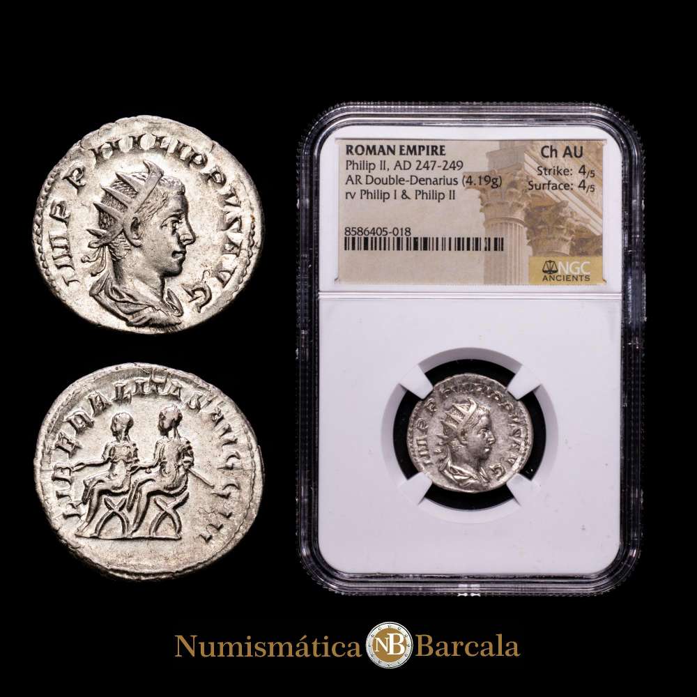 Filipo II, 247-249 Antoniniano 247-249, AR 4,19 g. C 17. RIC 230. Encapsulada por NGC como Ch AU Strike: 4/5 Surface: 4/5.