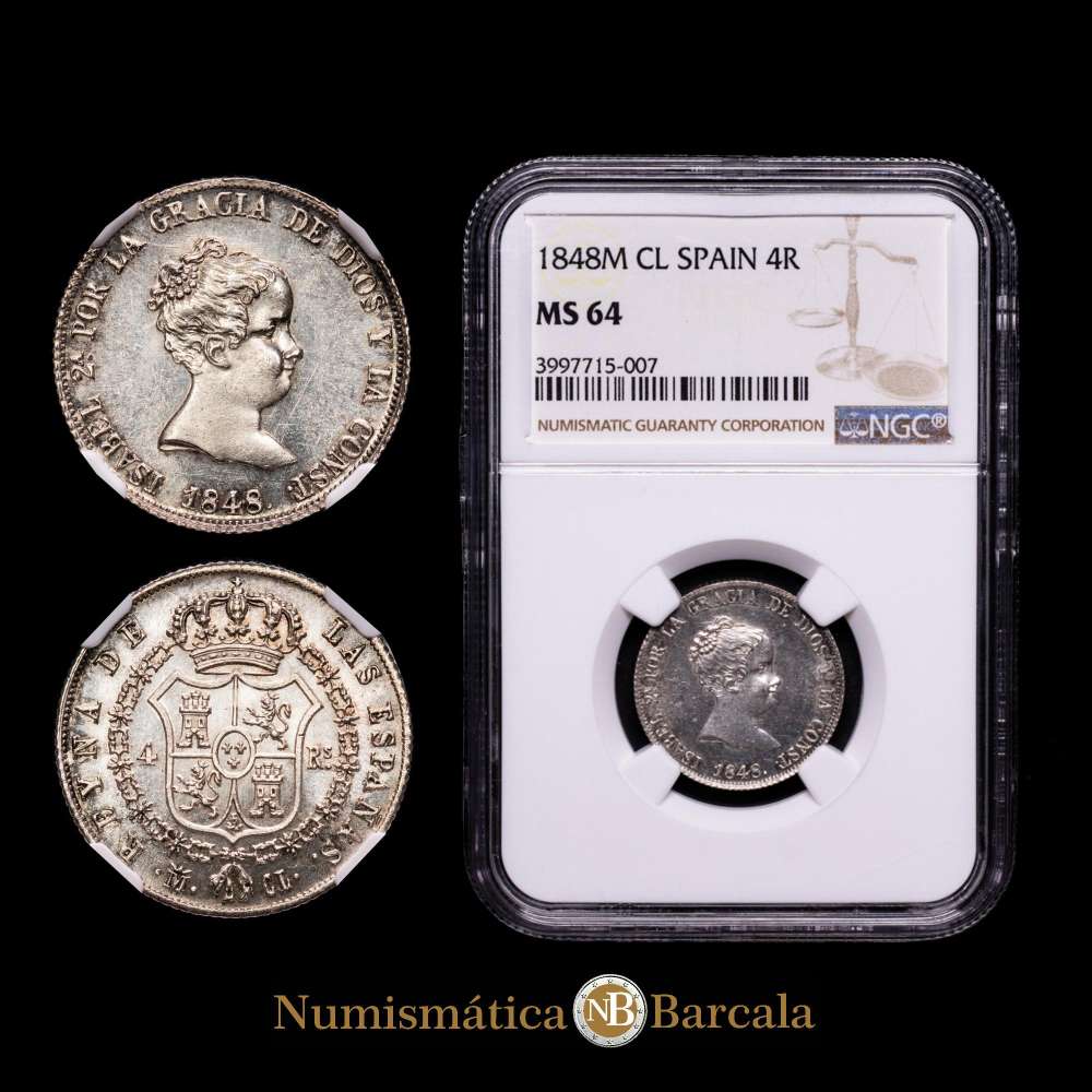 Isabel II (1833-1868). 4 reales. 1848. Madrid. CL. (Cal-453). Ag. Pleno brillo original. Rara en esta conservación. Encapsulada por NGC como MS 64.