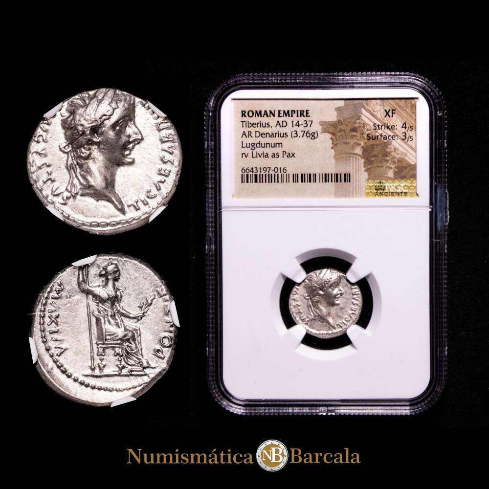 Tiberio. Denario. Lugdunum. 14-37 d.C. RIC-30. Encapsulada por NGC como XF.