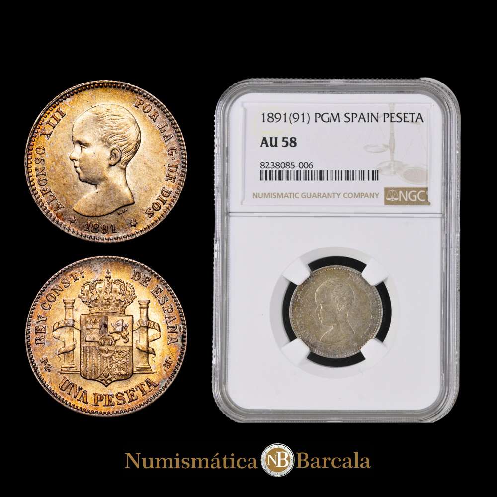 Alfonso XIII. Peseta. Madrid. 1891*91*. Ensayador PG·M.(Cal-53) .  Encapsulada por NGC AU58 ,Bella pátina dorada. Escasa en esta conservación.