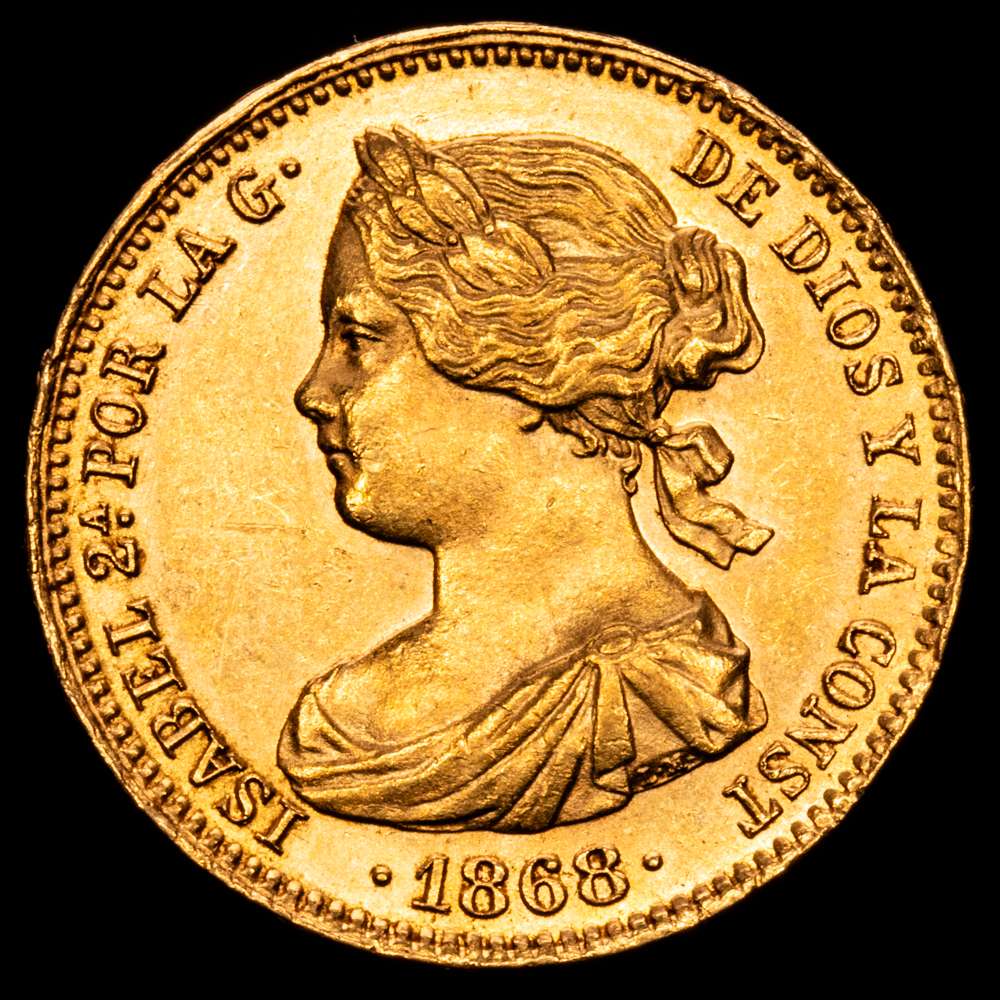 Isabel II (1833-1868). 10 escudos. 1868*18-68. Madrid. (Cal-815). Au. 8,38 gramos. Brillo original. EBC+.