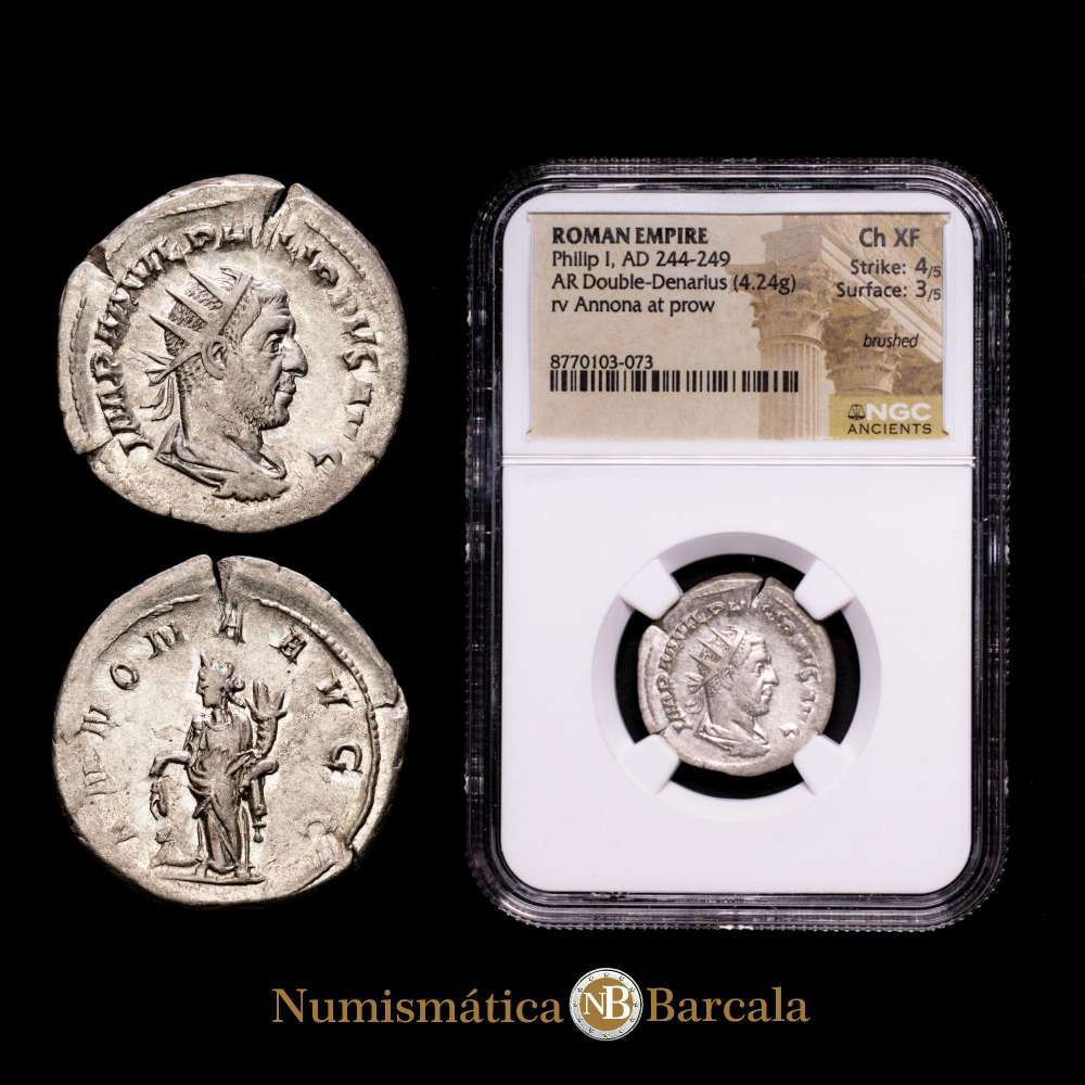 Filipo I. Antoniniano. 244-247 dC Roma. (Ric-29). (Rsc-25). Ag. g. 4,24 gr. Encapsulada por NGC como Ch XF. Strike 4/5, Surface 3/5. Parte de brillo original.