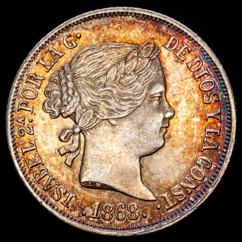 Isabel II (1833-1868). 20 céntimos de escudo. 1868*18-68. Madrid. (Cal-394). Ag. 2,53 gramos. Bonito tono. bella. EBCEBC-. Escasa.