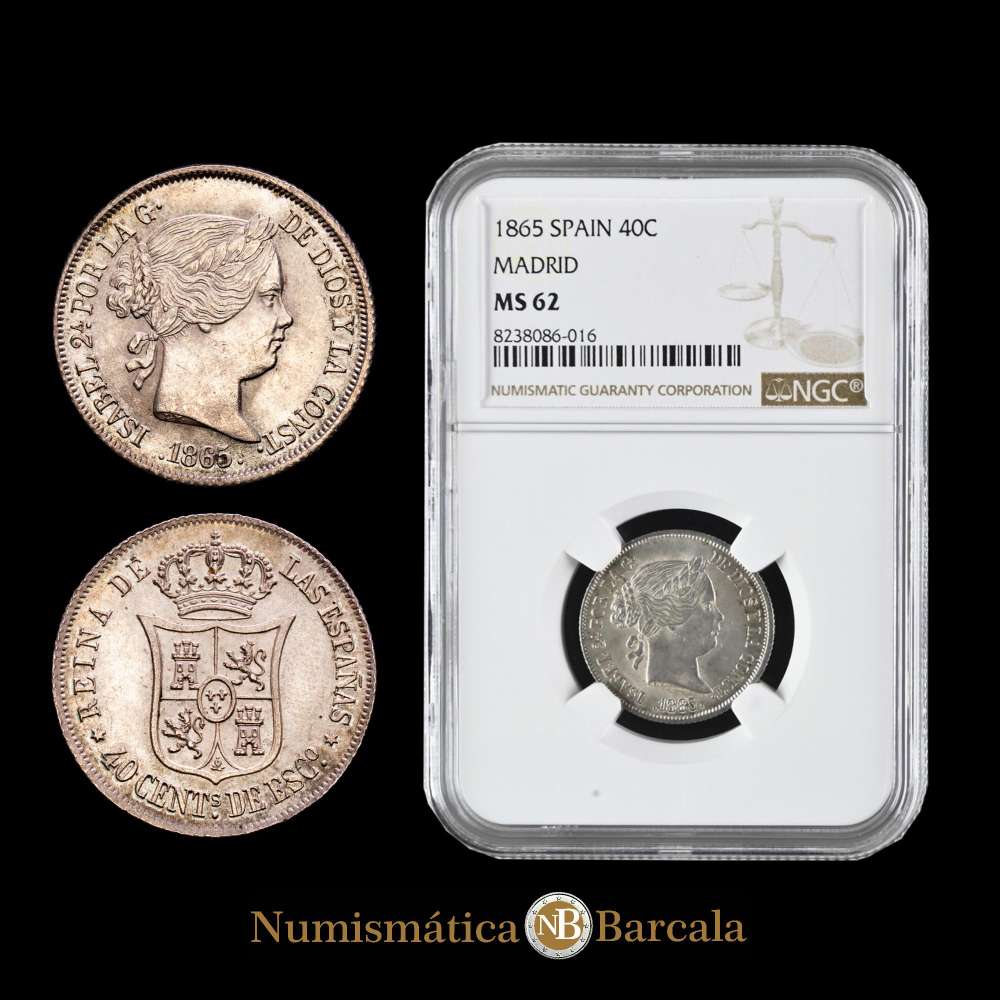 Isabel II (1833-1868). 40 céntimos de escudo. 1865. Madrid. (Cal-500). Ag. Bella. Atractivo ejemplar. Escasa en esta conservación. Encapsulada por NGC como MS 62.