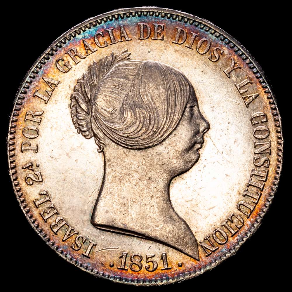 Isabel II (1833-1868). 20 reales. 1851. Sevilla. (Cal-626). Ag. 26,07 g. Escasa. Parte del brillo original. EBC/EBC+.