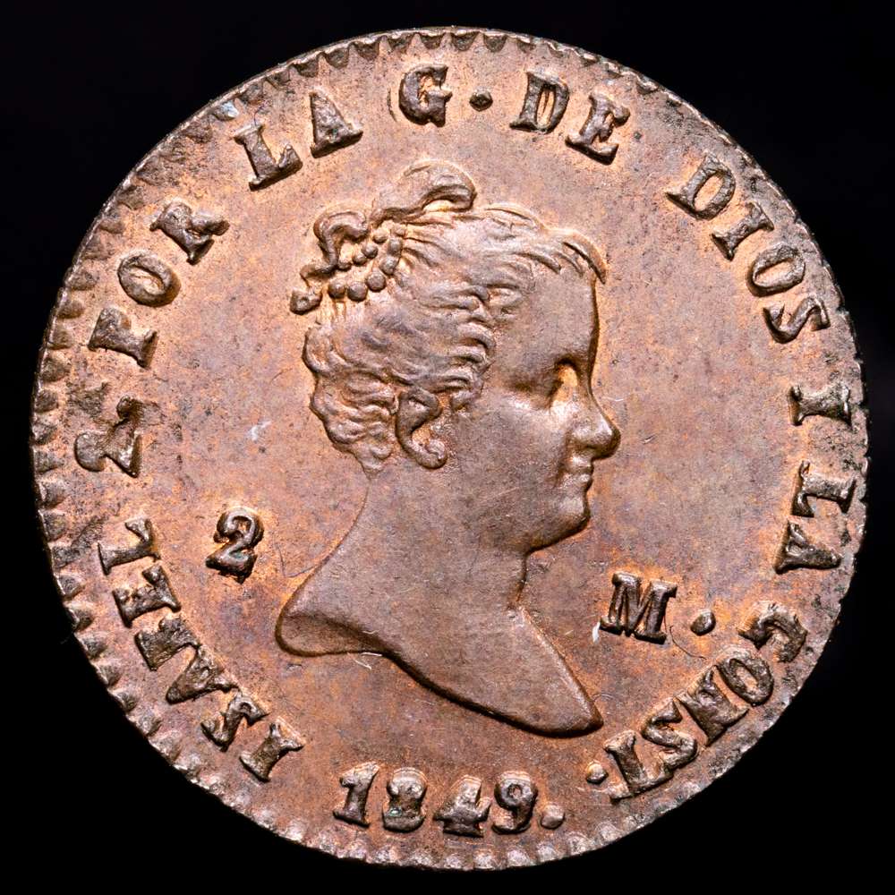 Isabel II. 2 Maravedís. (2,05 g.). Segovia. 1849. AC-1849. SC-. Muy bella