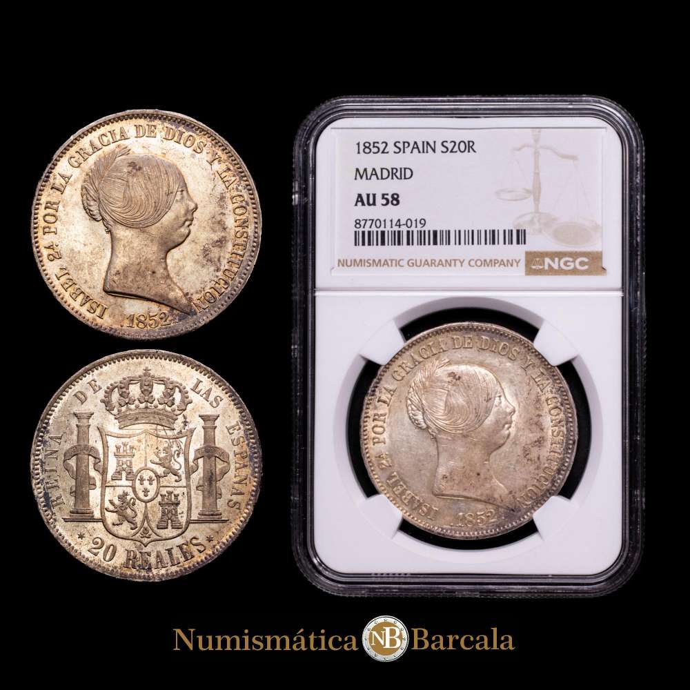 Isabel II (1833-1868). 20 reales. 1852. Madrid. (Cal-594). Ag. 26,09 gramos. Restos de brillo original. Tono. Atractivo. Encapsulado por NGC como AU 58. Escaso así.