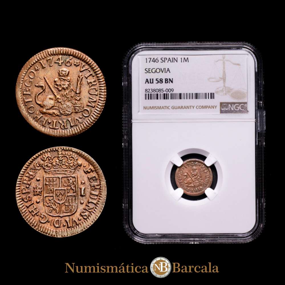 Fernando VI (1746-1759). 1 maravedí. 1746. Segovia. (Cal-18). Ae. Brillo original. Bello ejemplar. Encapsulada por NGC como AU58.