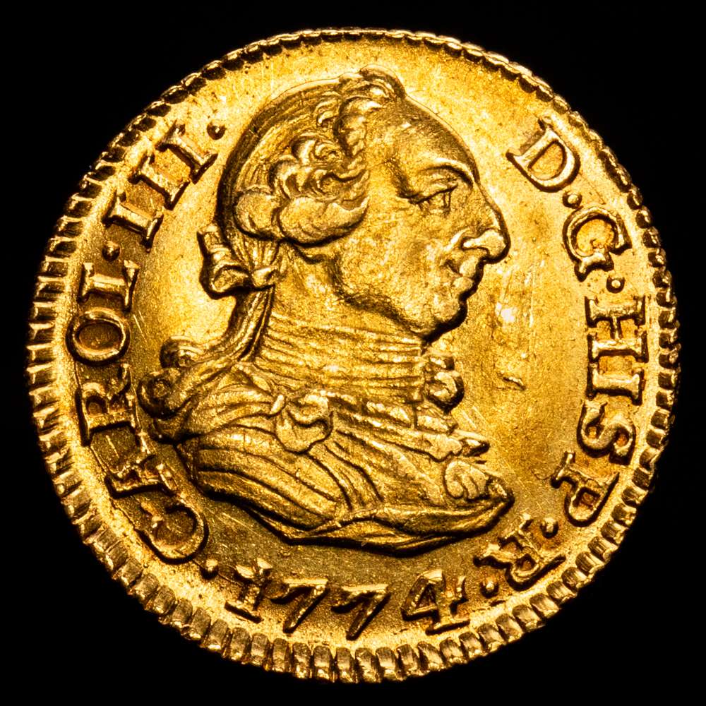 Carlos III (1759-1788). 1/2 escudo. 1774. Madrid. PJ. (Cal-1260). Au. 1,79 gramos. Restos de brillo originales. EBC-. Hermoso color. Buen ejemplar.