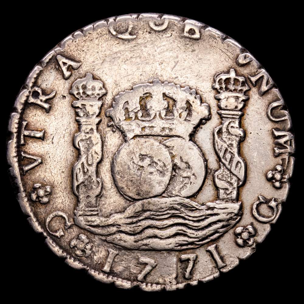 Carlos III (1759-1788). 8 reales. 1771. Guatemala. P. (Cal-1004). Ag. 26,73 gramos. Tono ligero. Muy escaso. MBC.